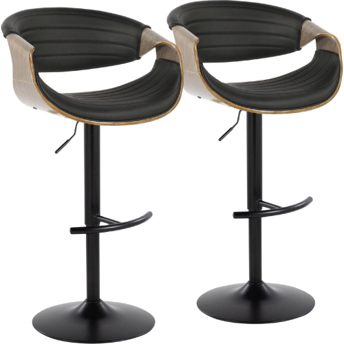 Symphony Adjustable Swivel Bar Stool in Black Metal, Light Grey Wood & Black Leatherette (Set of 2)